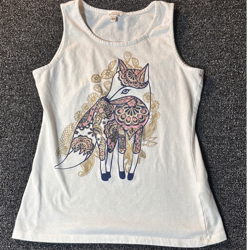 Self Esteem Girls XL 16‎ Fox Graphic Tank Top Cream Pink Gold Paisley Floral